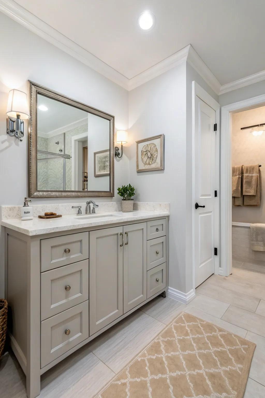 Light grey vanities paired with neutral tones create a tranquil bathroom.