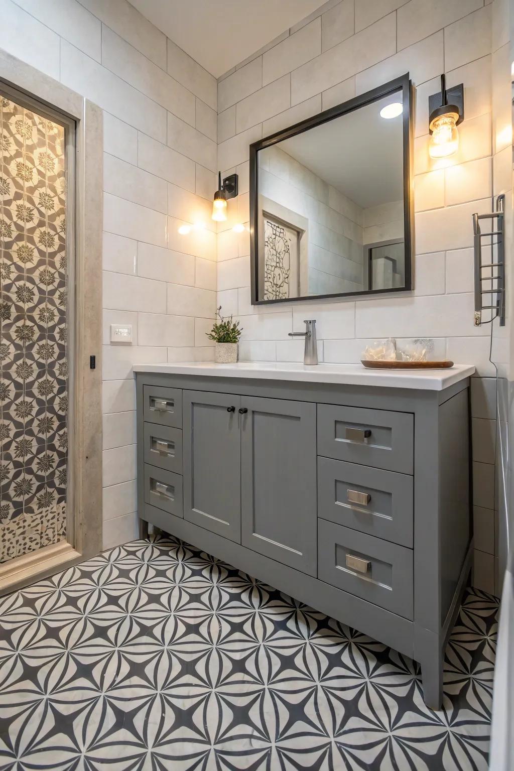Geometric designs bring a contemporary edge to grey vanity bathrooms.