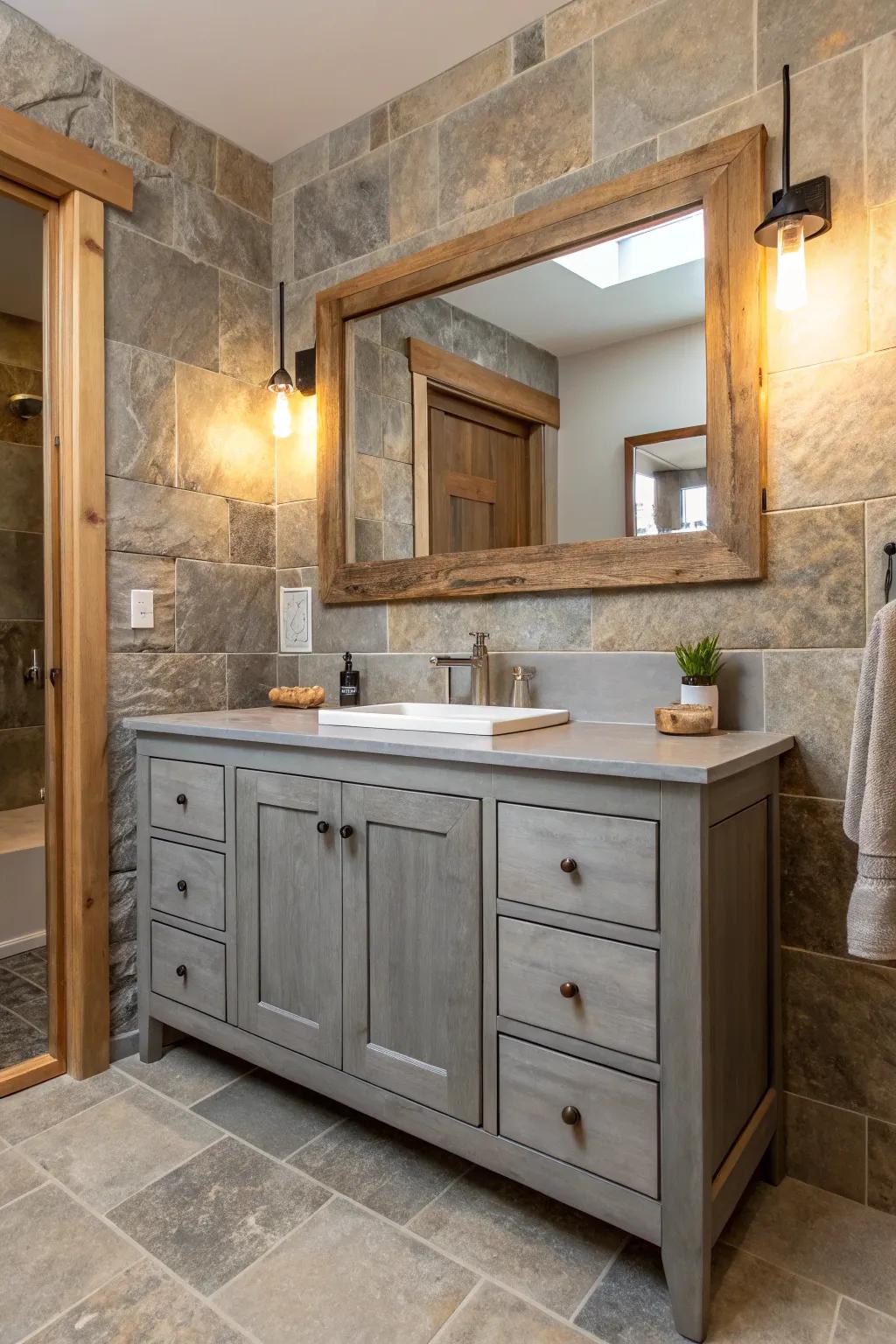Natural wood and stone elements add warmth to grey vanity bathrooms.