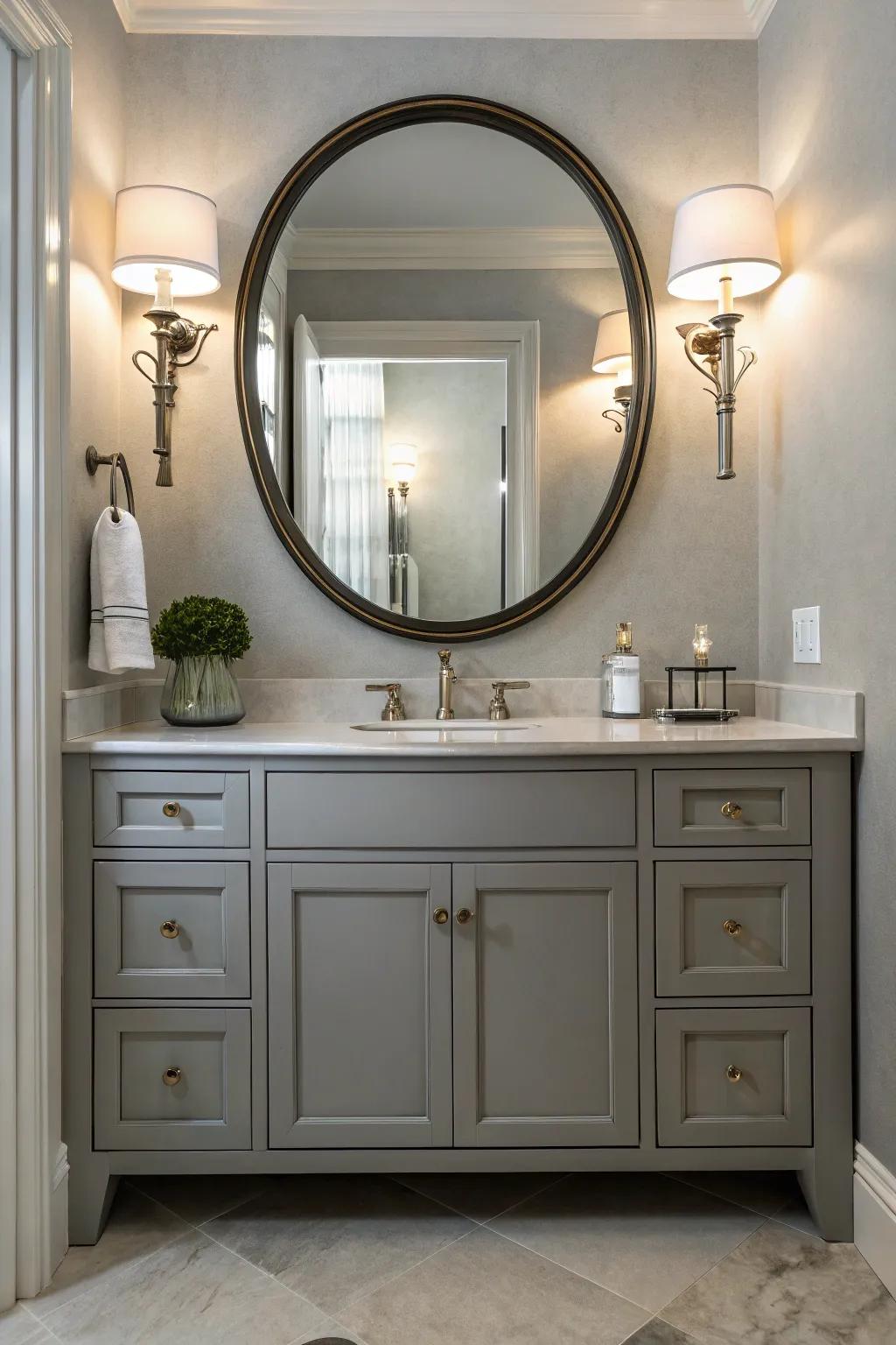 Stylish lighting and round mirrors add sophistication to grey vanity spaces.