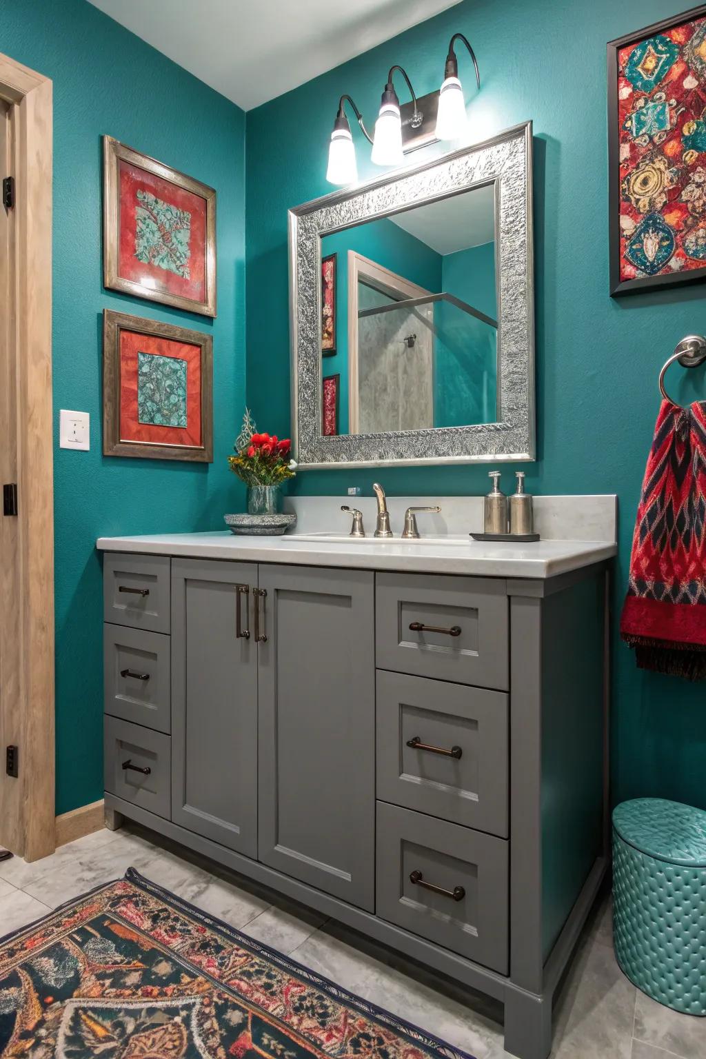 Bold hues like teal add energy to grey vanity bathrooms.