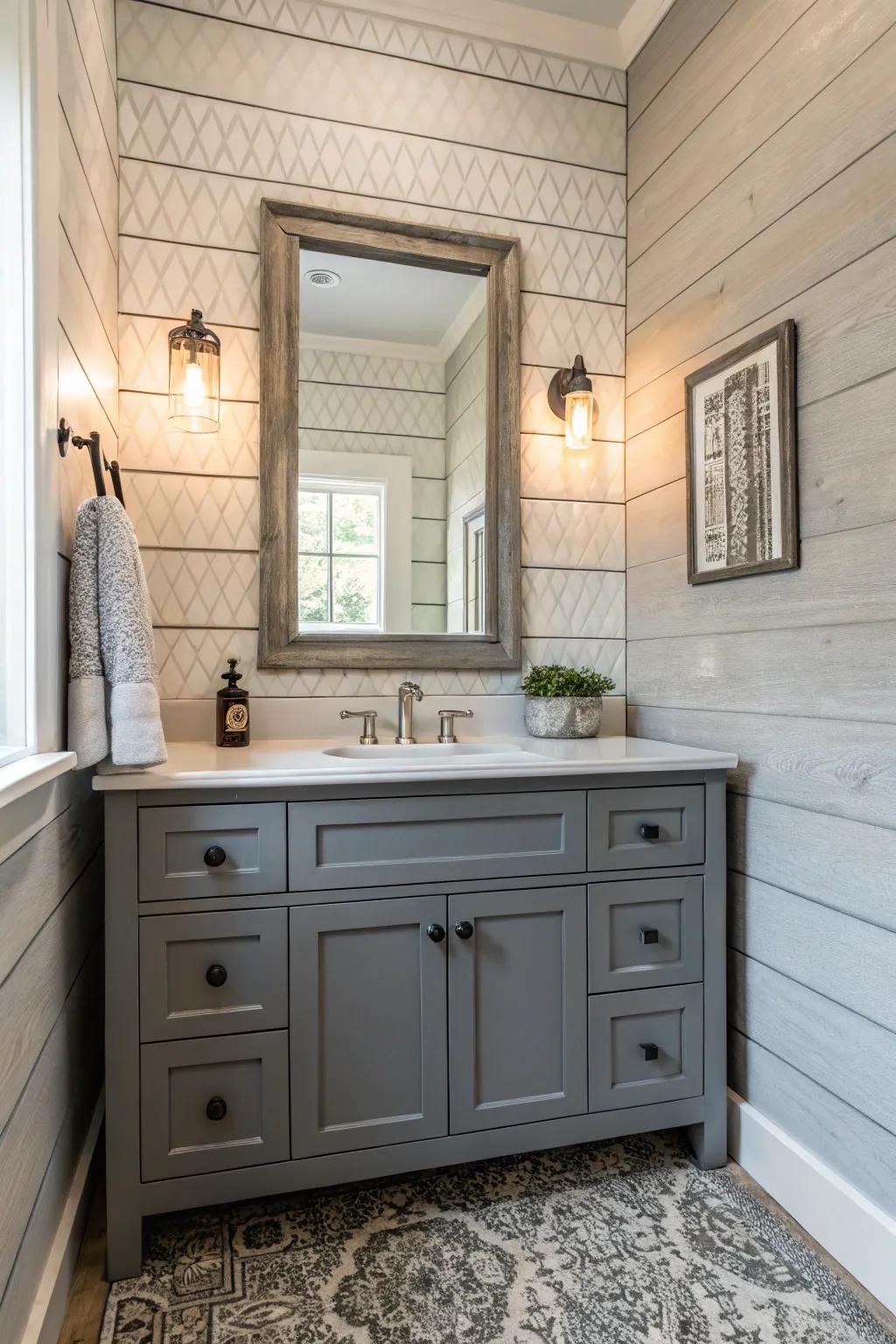 Textured walls add richness and complement grey vanities.