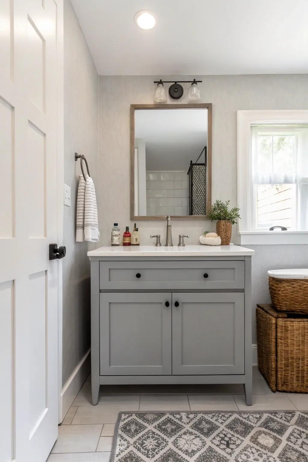 Minimalist design highlights a sleek grey vanity as the centerpiece.
