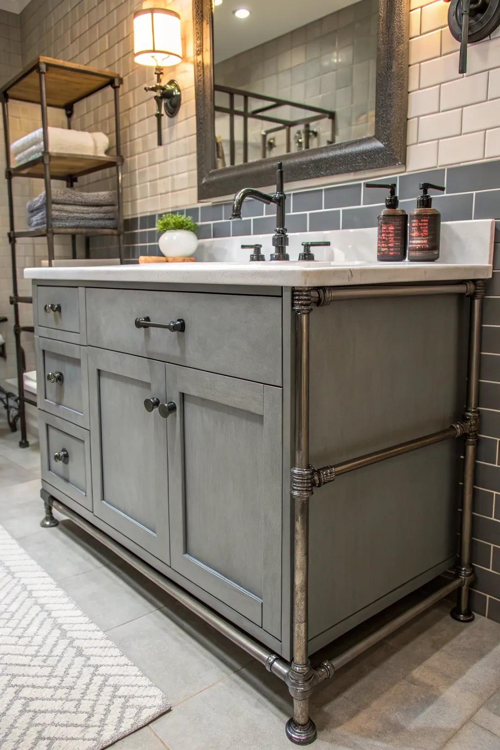 Industrial accents add a bold, urban vibe to grey vanity bathrooms.