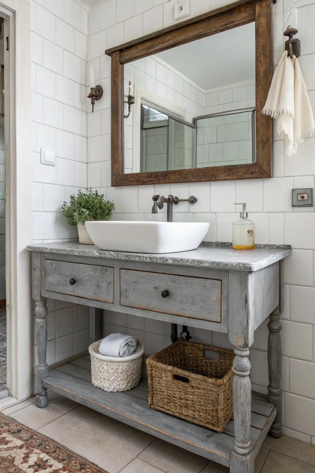 Repurposed vintage furniture adds unique character as a grey vanity.