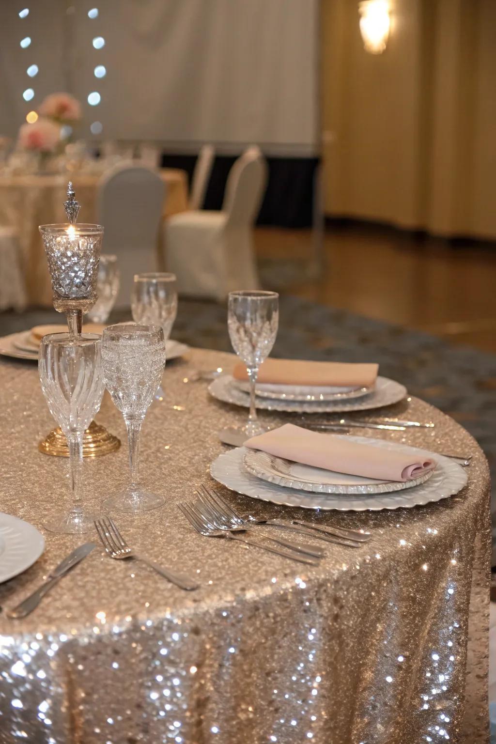 Sequin tablecloths add sparkle and glamour.