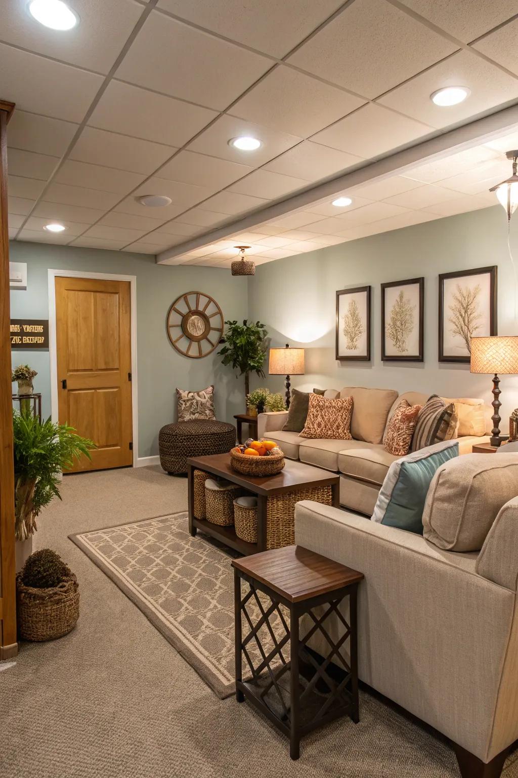 Stylish and functional open concept living area in the basement.