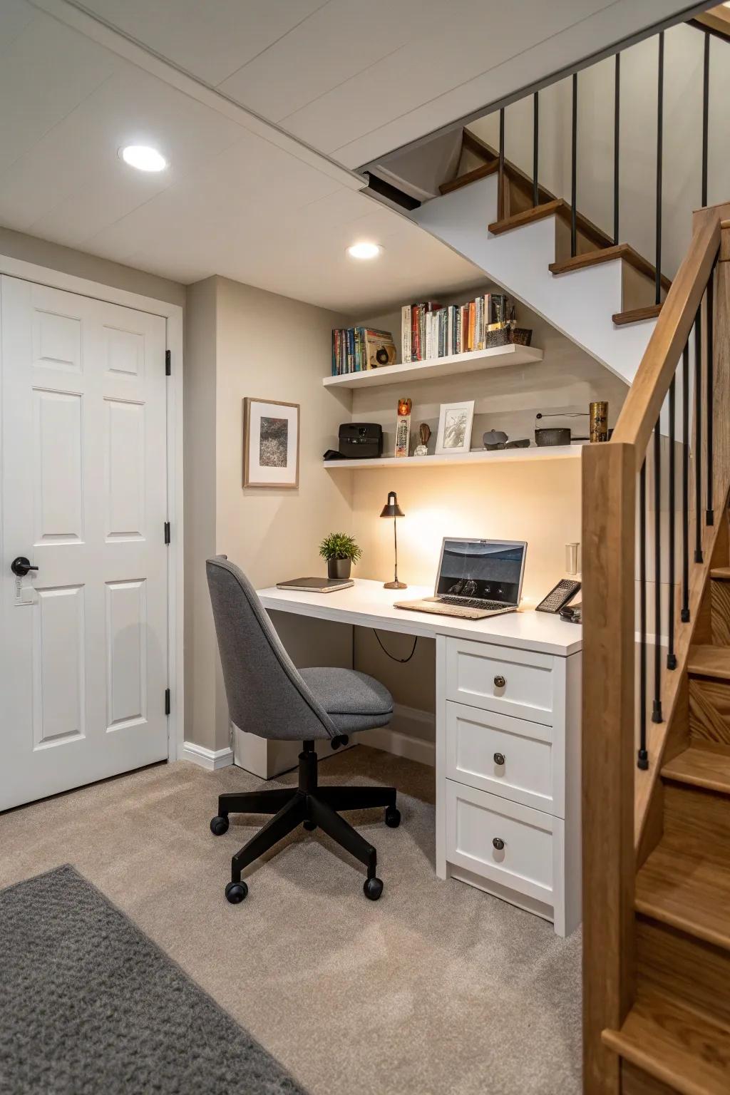 A compact and productive home office in the basement.