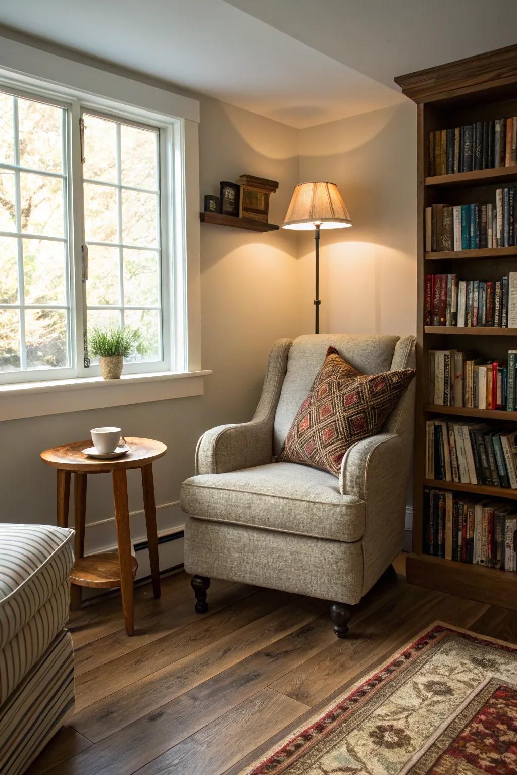 A quiet and cozy reading nook in the basement.