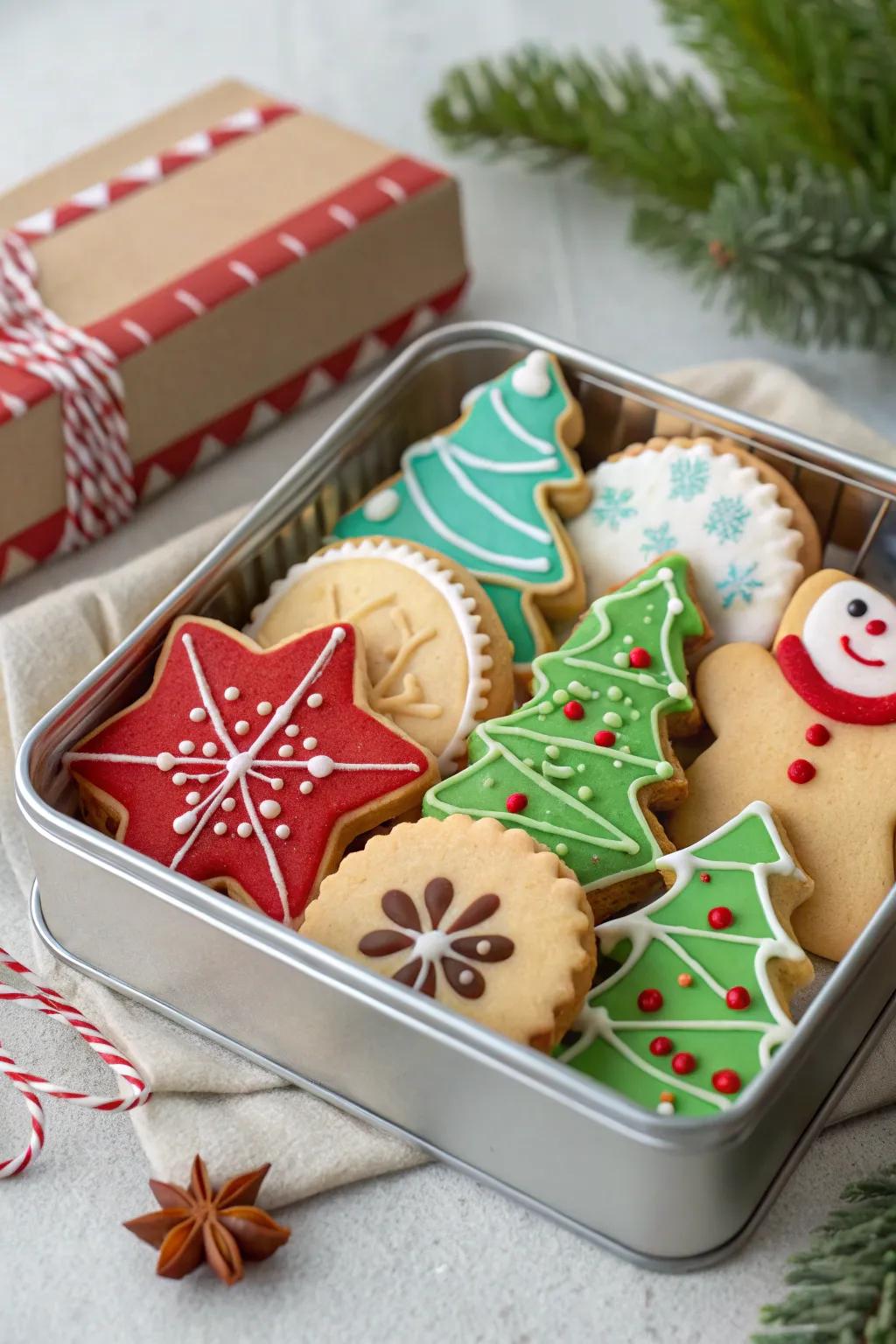 Festive tin filled with assorted holiday cookies