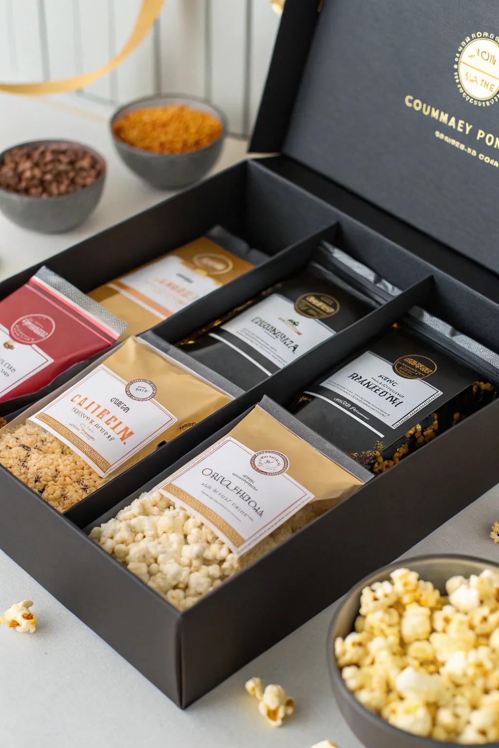 Gourmet popcorn kit with assorted flavors