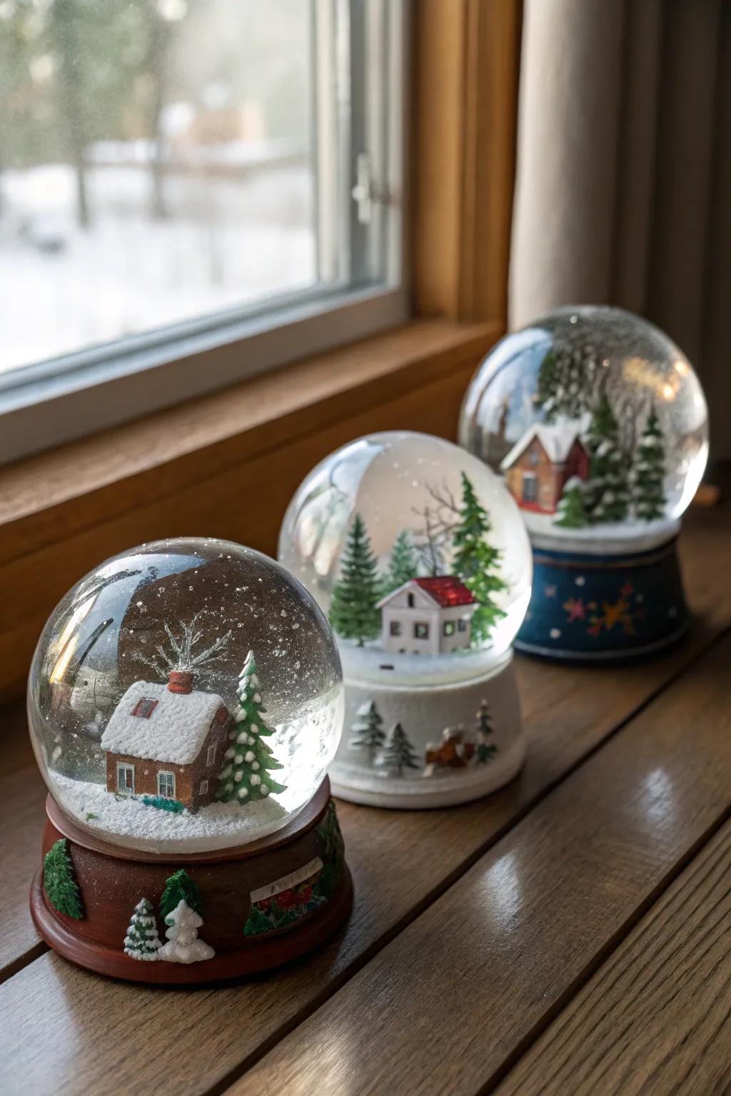 Handmade snow globes featuring winter scenes