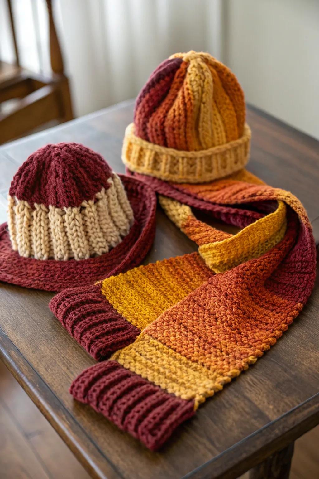 Warm hand-knitted scarf and hat set