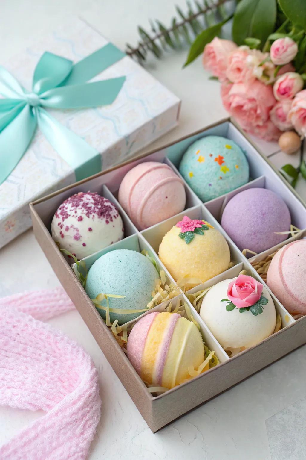 Colorful handmade bath bombs in a gift box