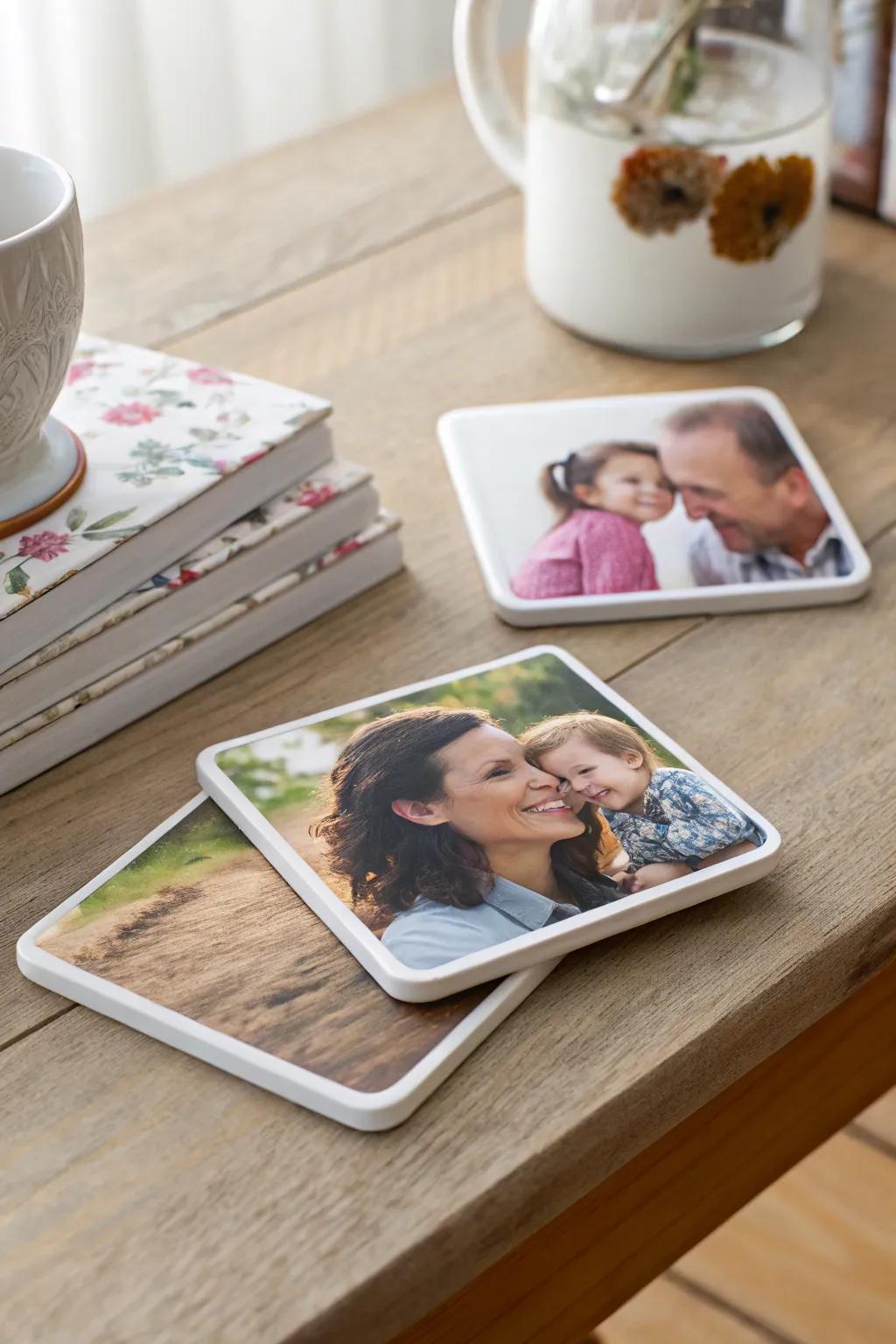 Custom photo coasters on a table