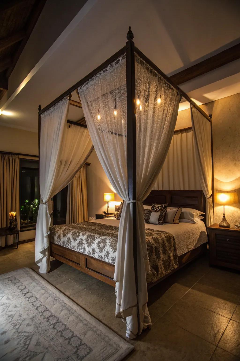 Lighting that enhances canopy bed drama.