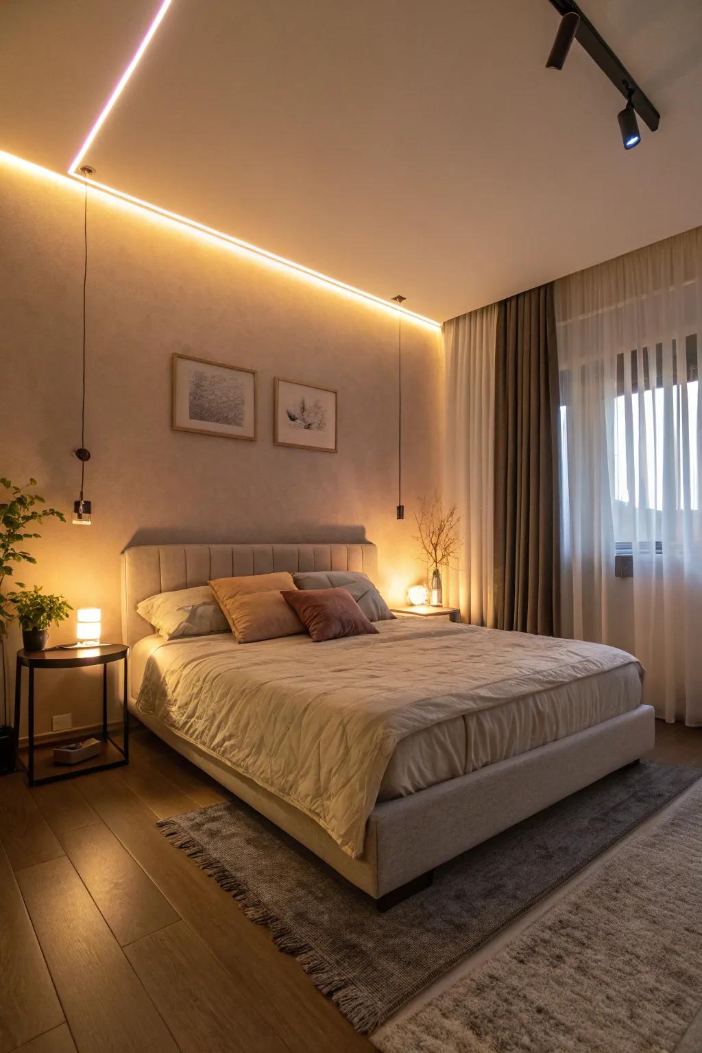 Soft glow from energy-efficient LED strips.