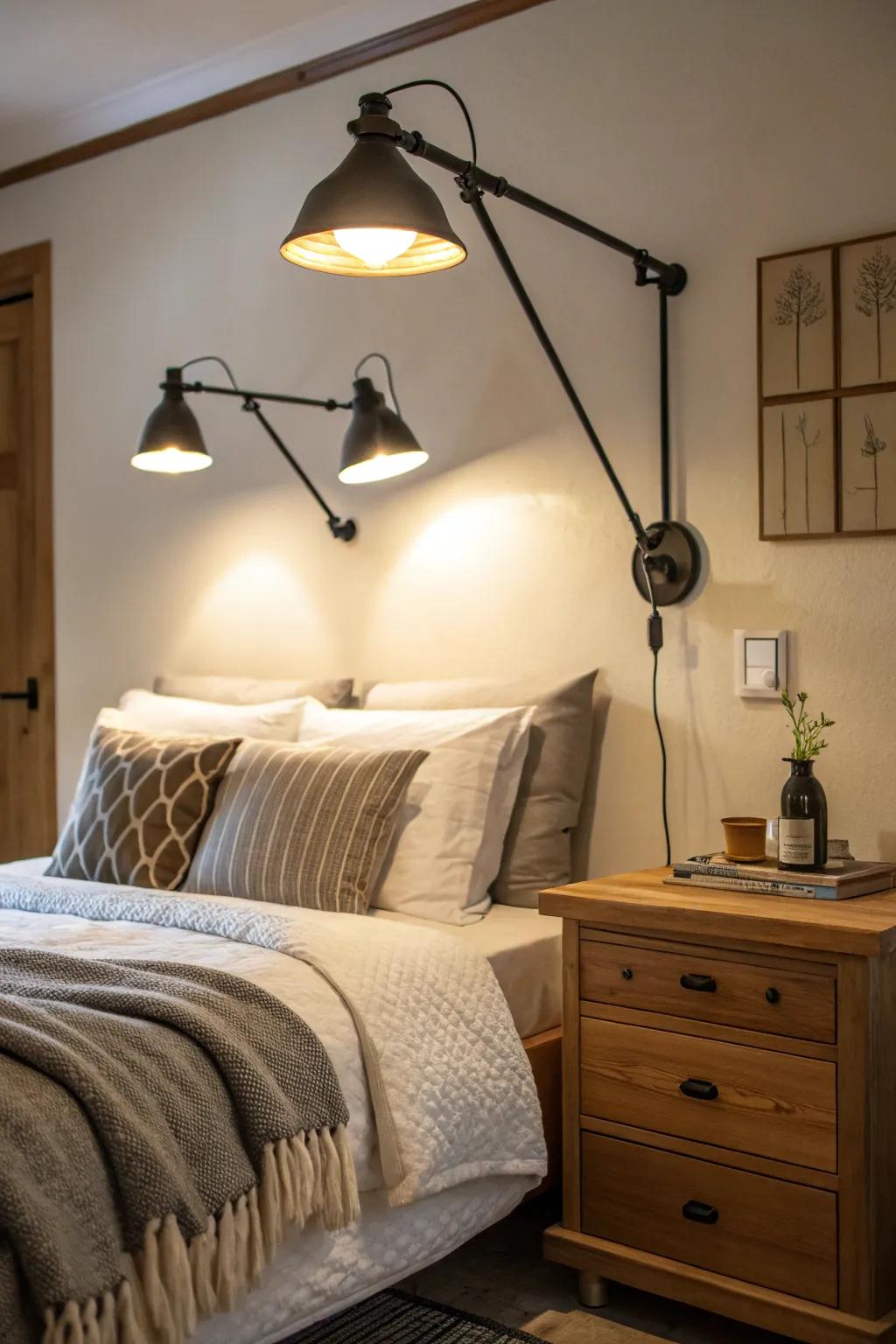 Flexible swing arm lamps for reading.