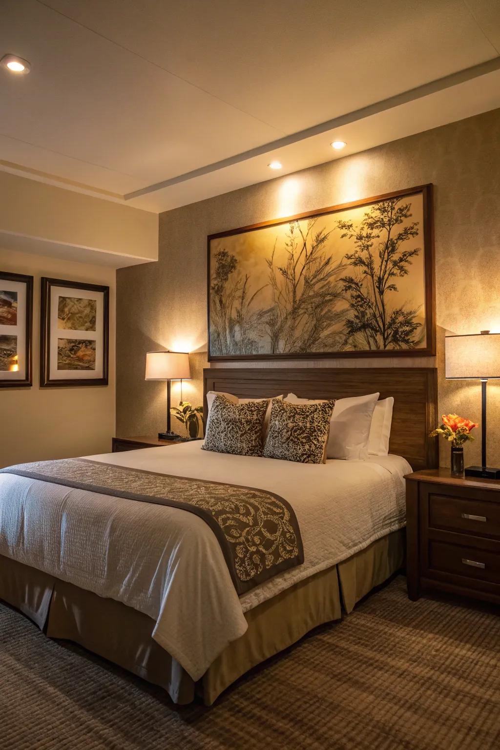 Accent lighting to highlight and warm the space.