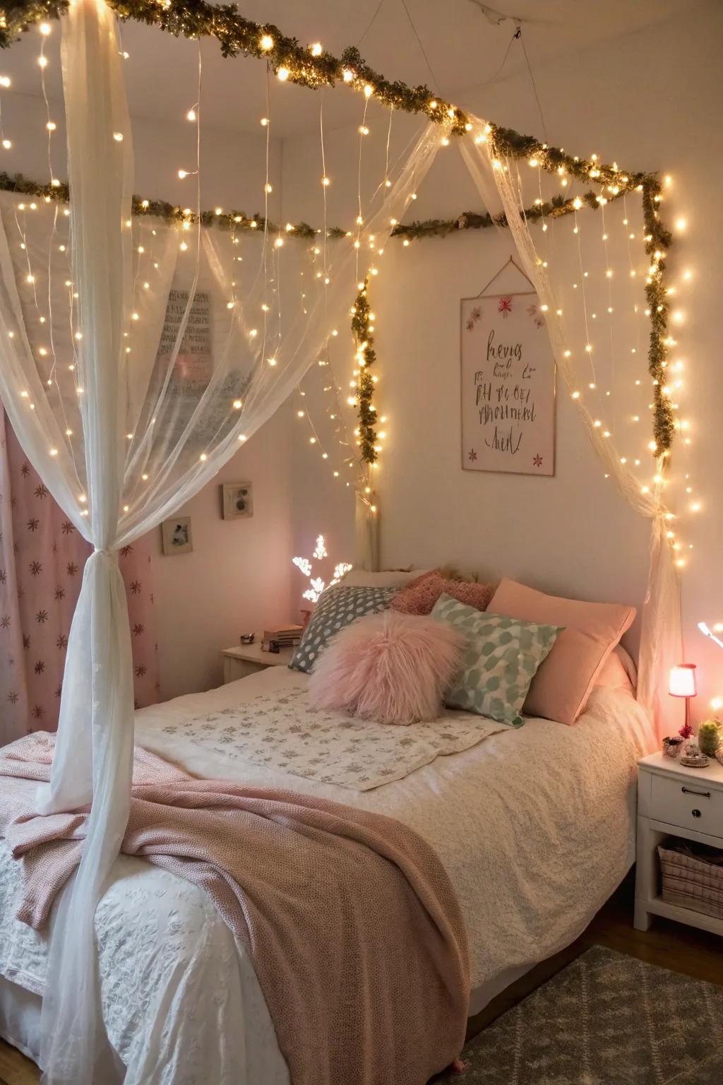 Fairy lights creating a magical bedroom atmosphere.
