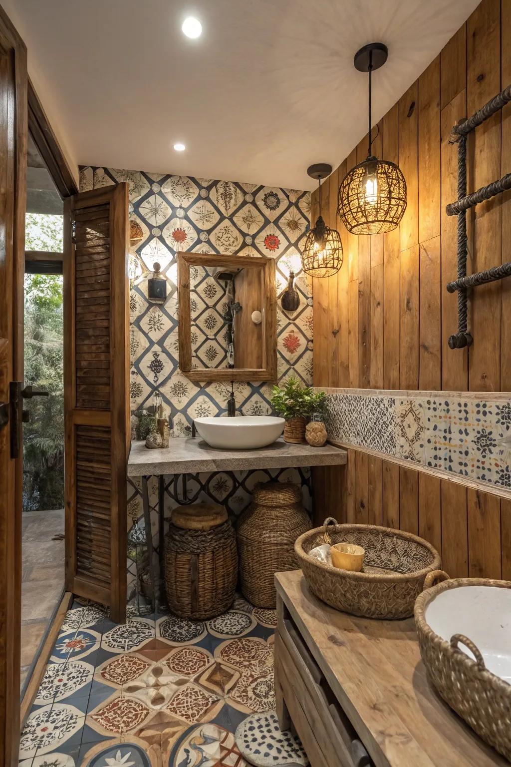 Artistic contrast with patterned tiles and paneling.