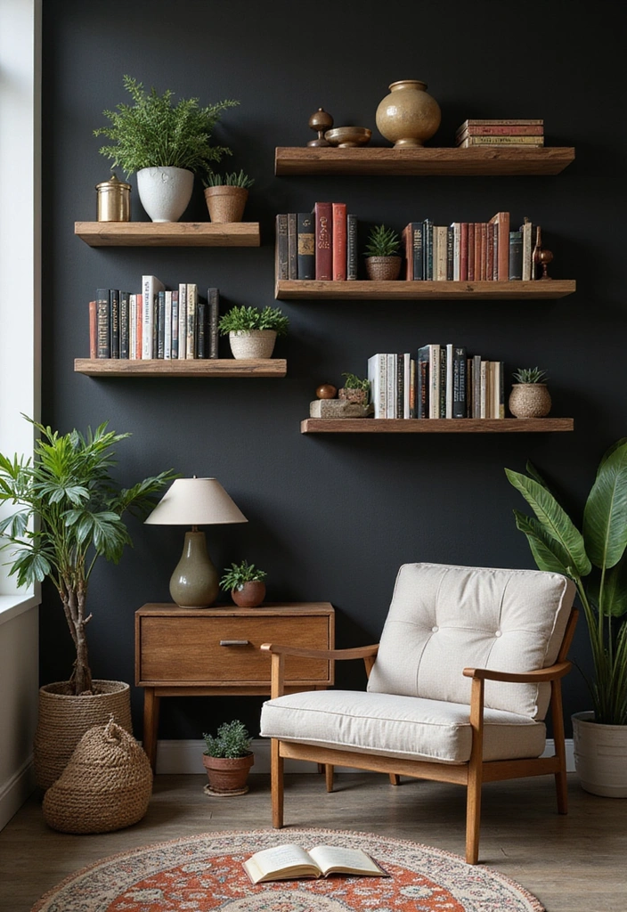 Floating Shelves on Black Accent Walls