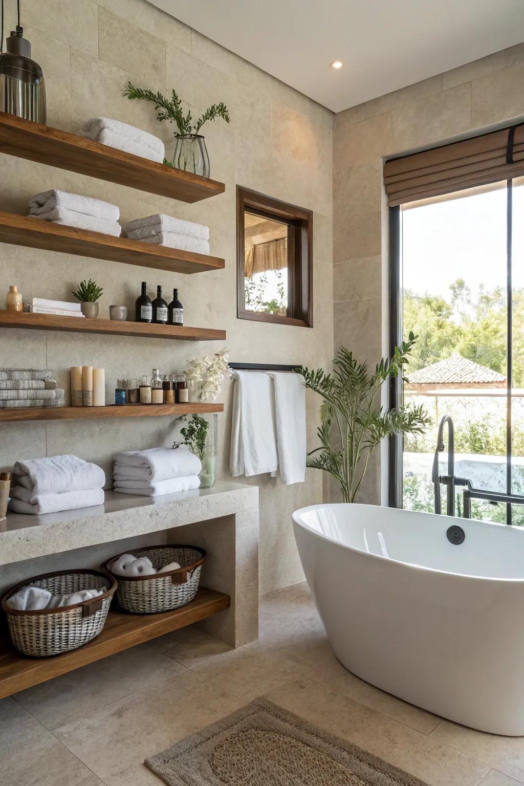 Elegant floating shelves in a bathroom holding towels and toiletries.