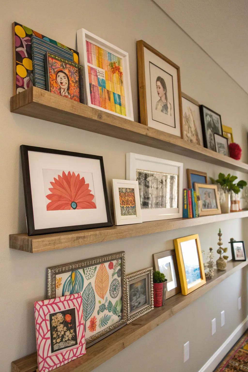 Floating shelves displaying framed photos and artwork in a stylish arrangement.