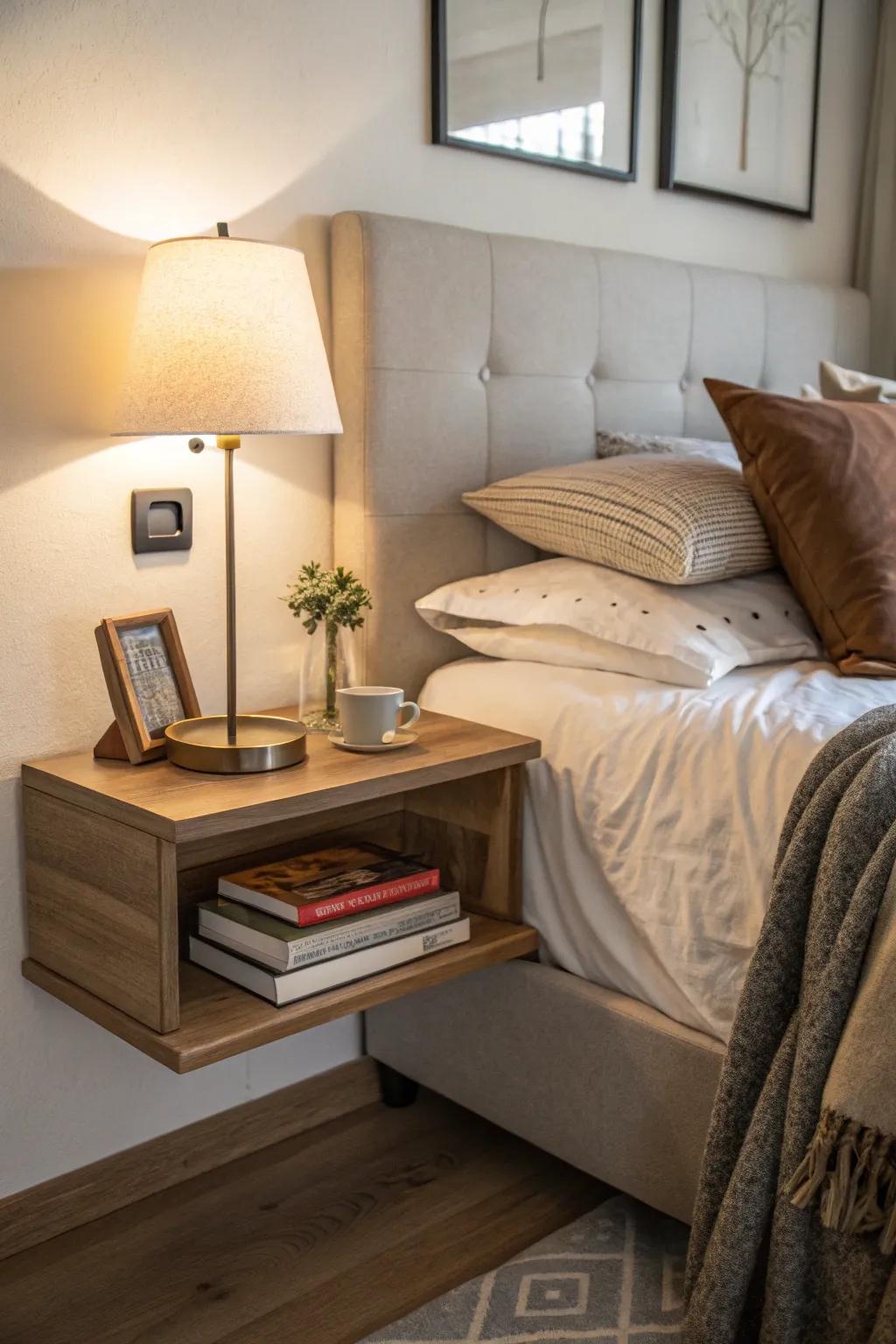 Floating shelf serving as a stylish bedside table in a bedroom.
