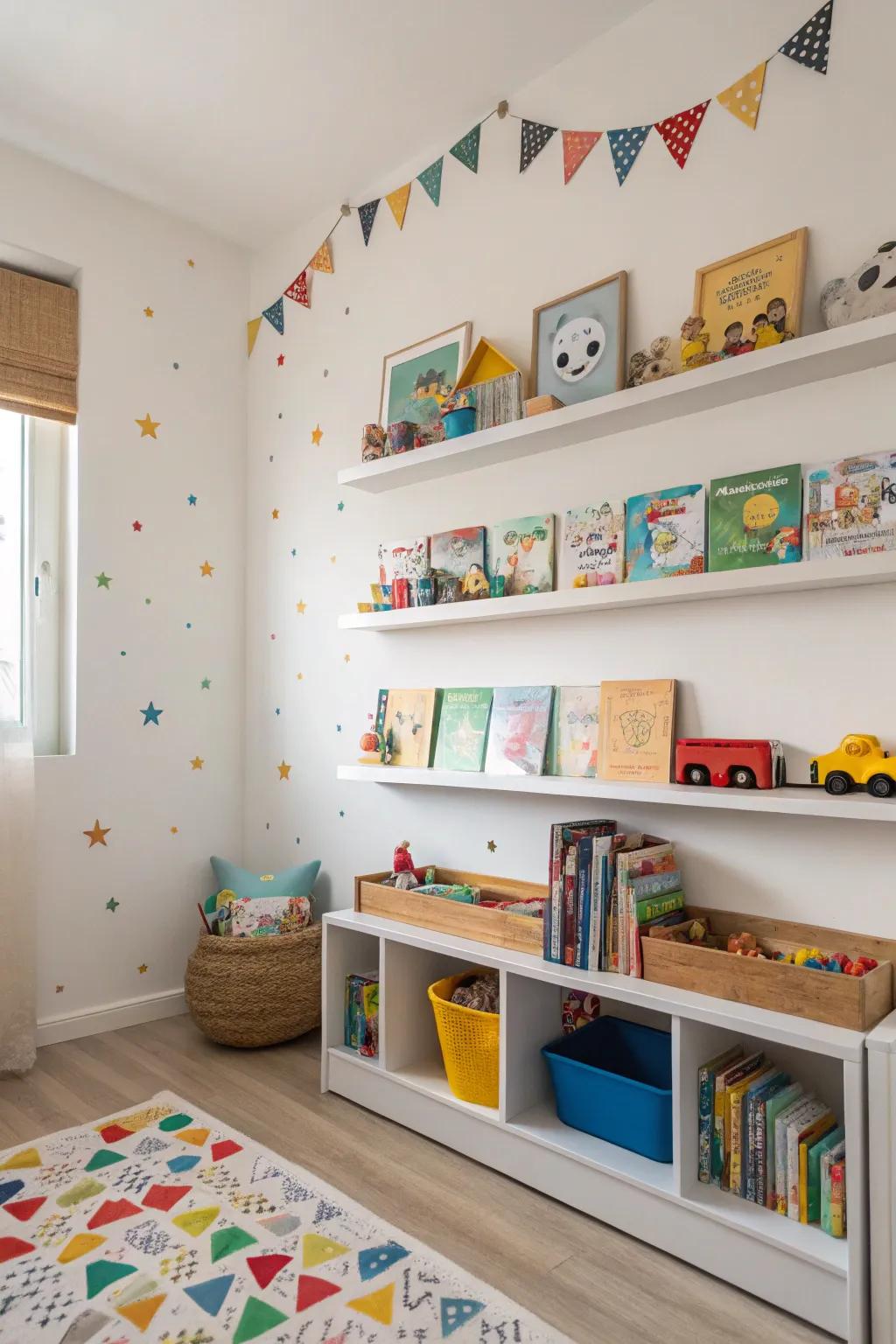Floating shelves in a child's room organizing toys and books.