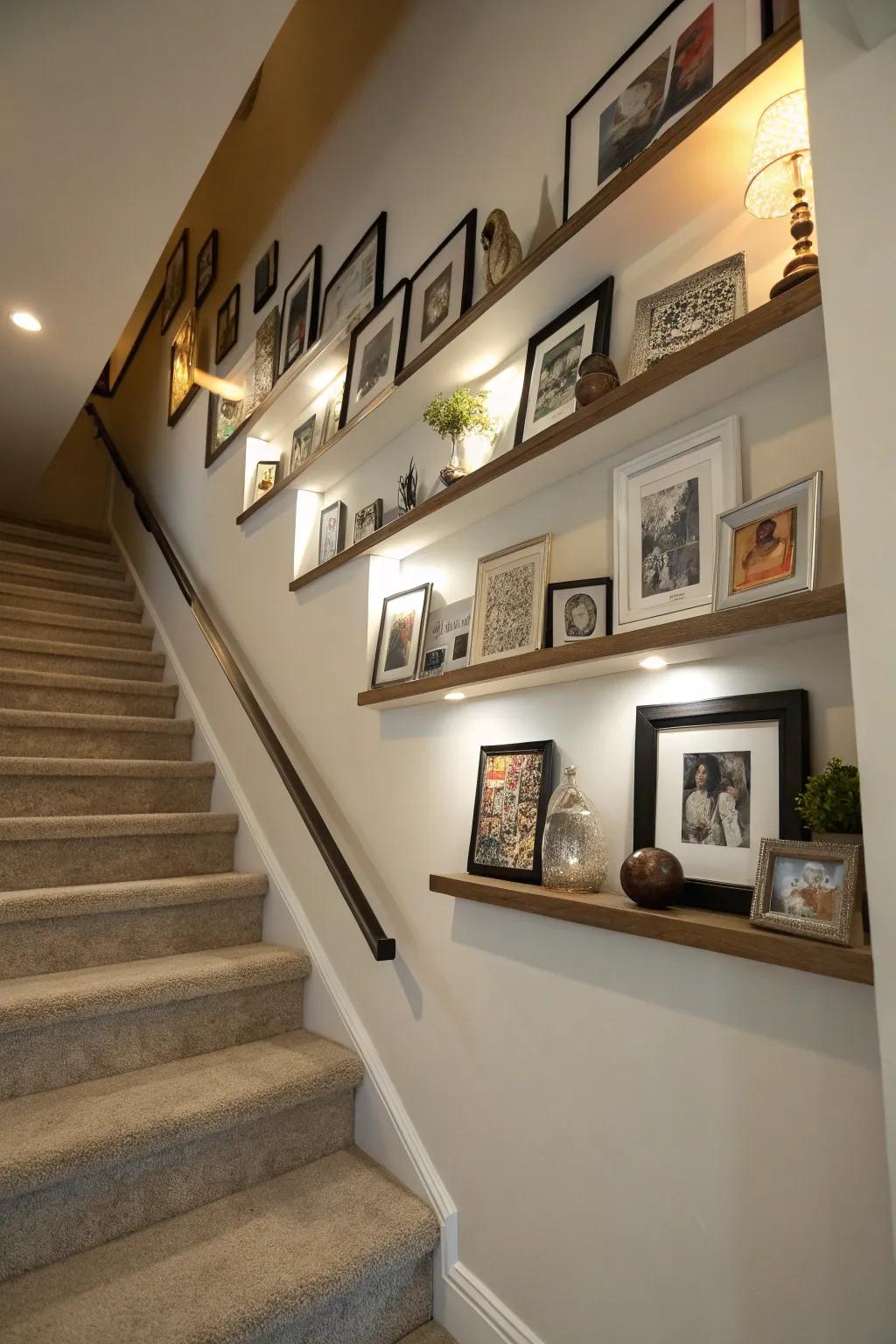 Floating shelves decorating a stairwell with photos and ornaments.