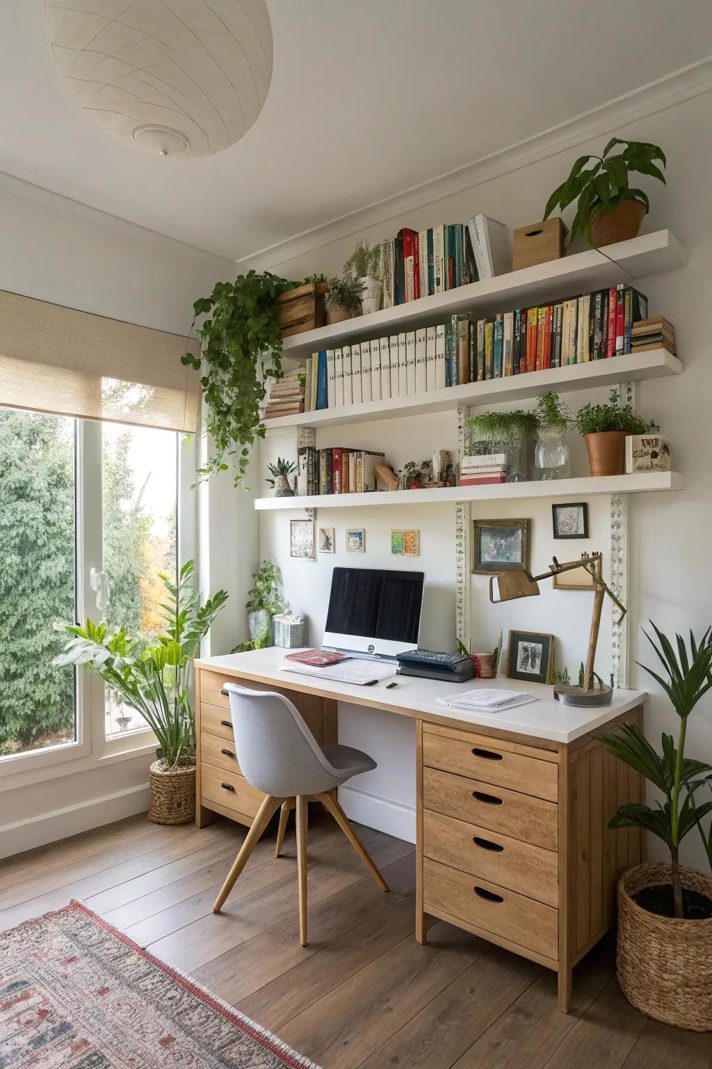 Floating shelves organizing books and supplies in a home office.