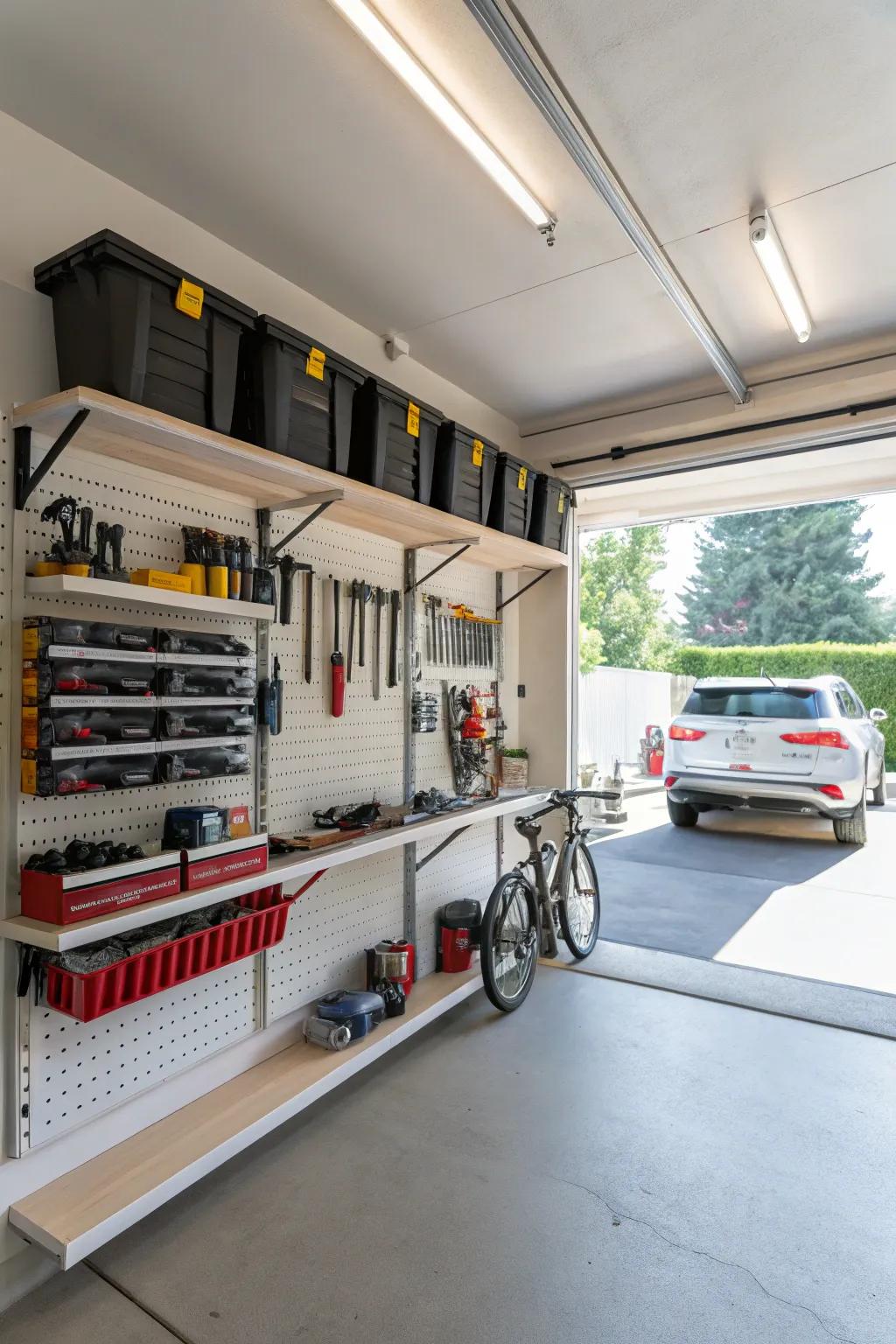 Floating shelves installed in a garage for tool and supply storage.