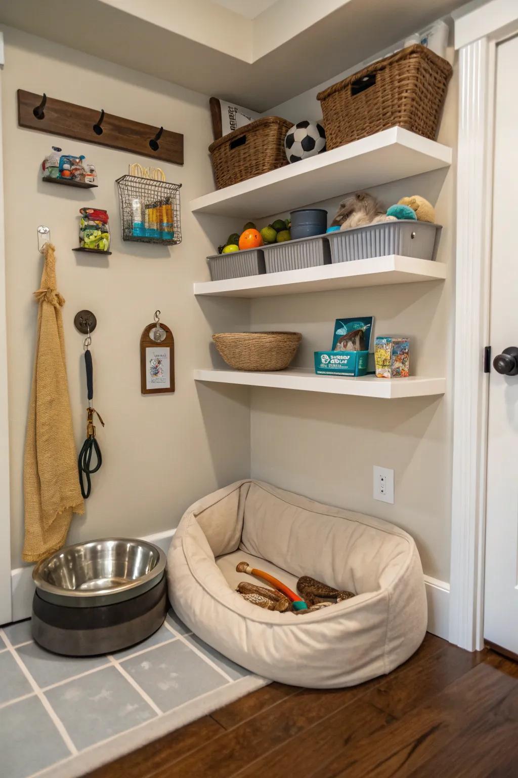 Floating shelves organizing pet supplies in a neat nook.