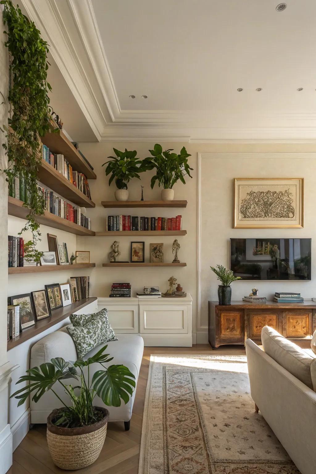 Floating shelves in a living room showcasing books, plants, and art.