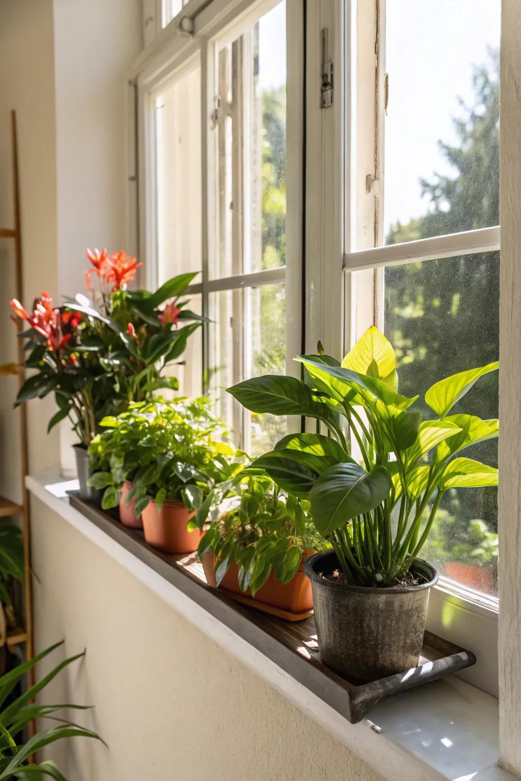 Floating shelf installed on a window sill showcasing plants.