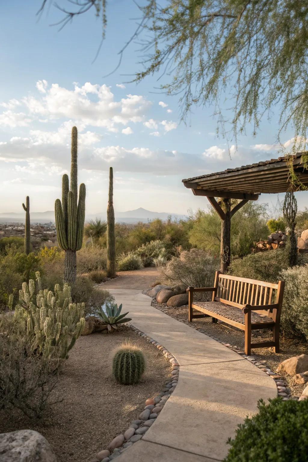 Tranquil meditation corner surrounded by desert serenity.