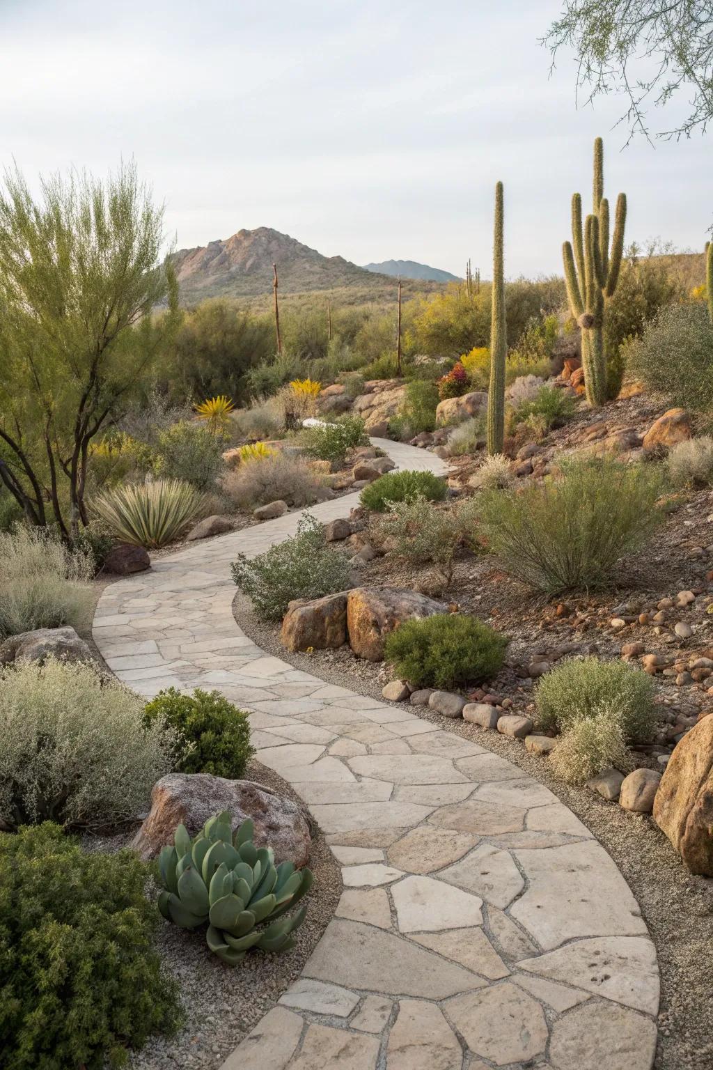 Winding stone pathway through a thriving desert garden.