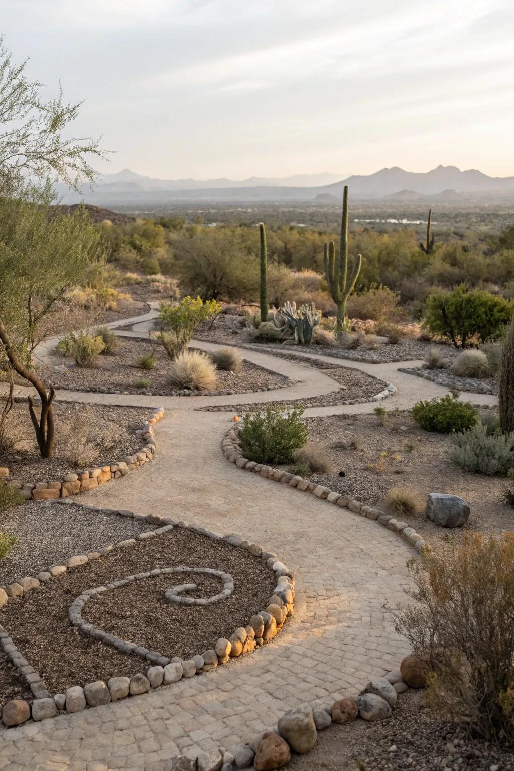 Gravel in assorted sizes outlining paths and planting beds.