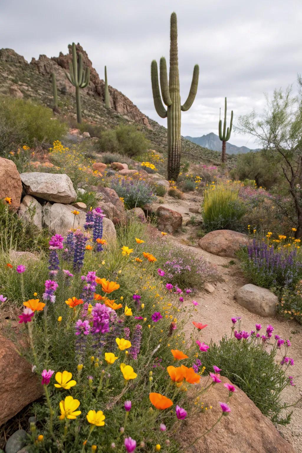 Vivid desert flowers adding lively color to the arid garden.