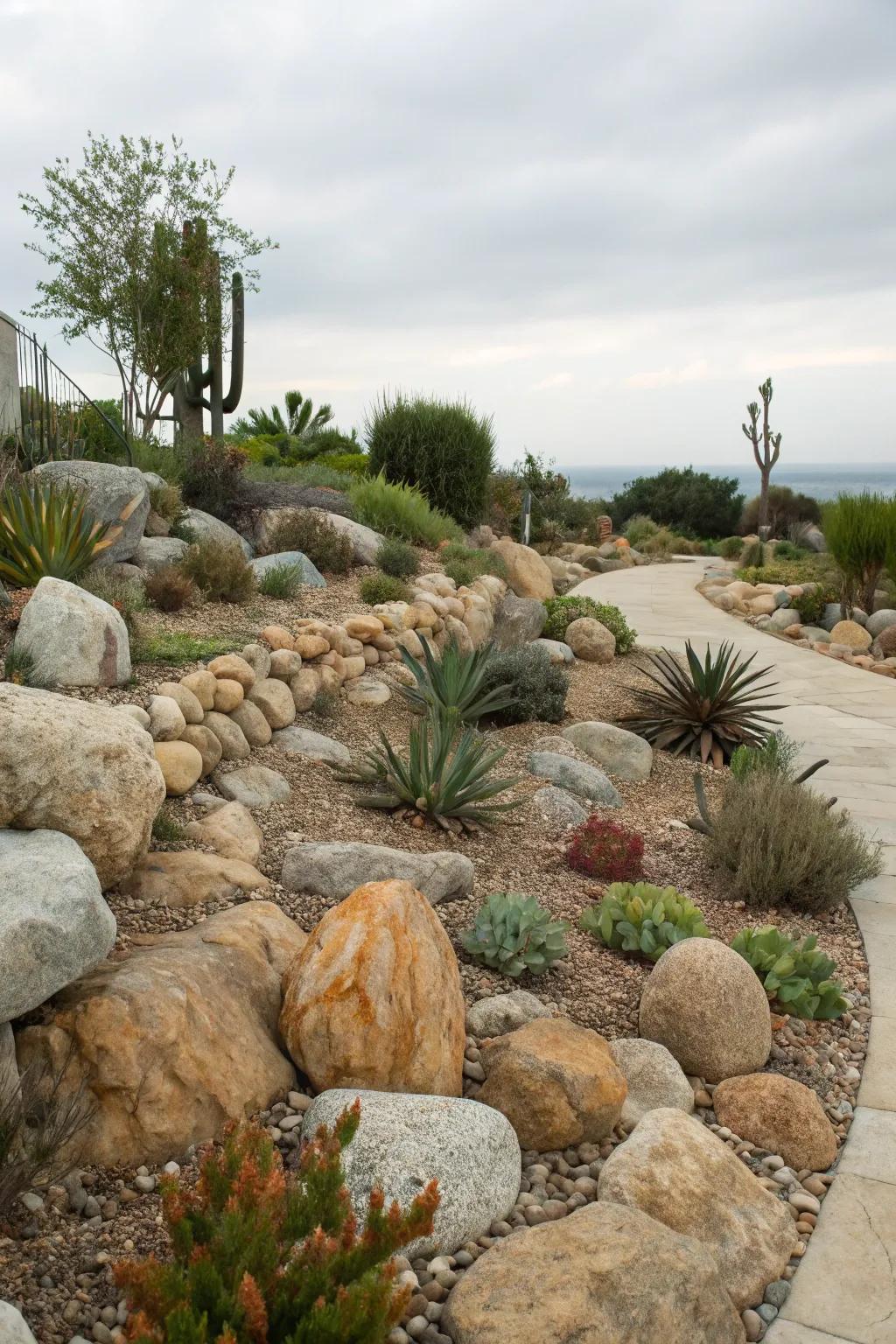 Artfully arranged rock garden blending seamlessly with desert surroundings.