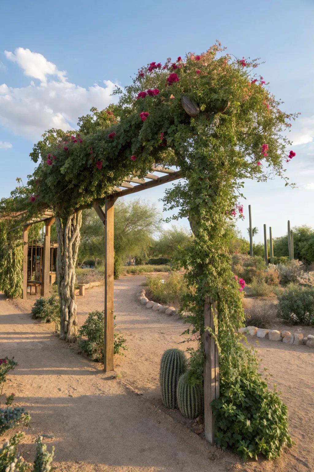 Trellises supporting climbing plants and adding height to the garden.