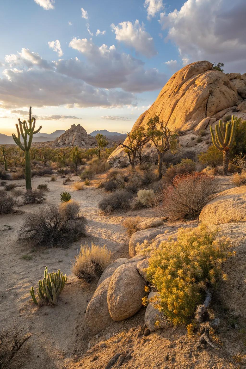 Sunlight casting dramatic shadows in a desert garden.