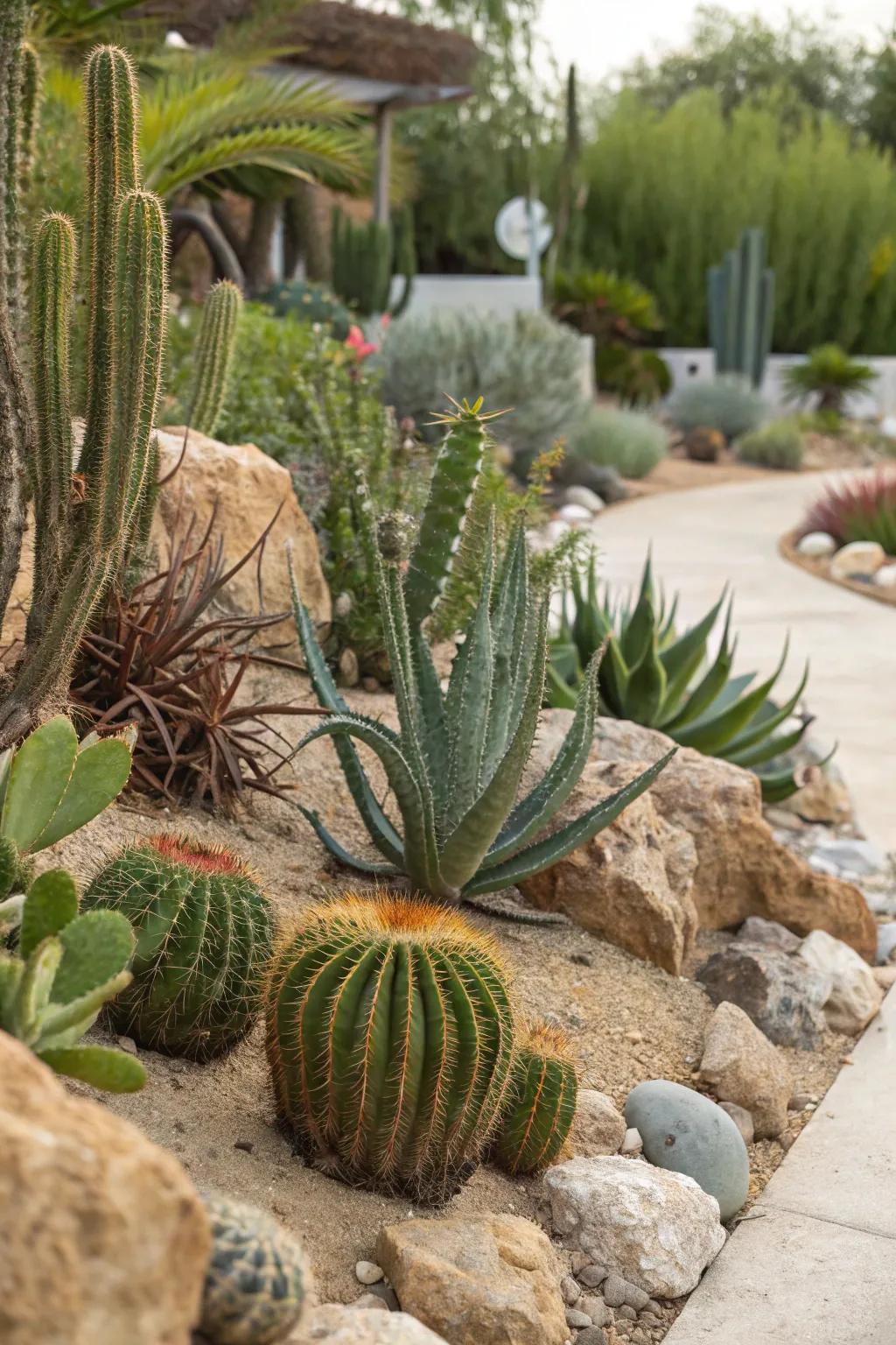 Vibrant display of cacti and succulents showcasing diverse shapes and textures.