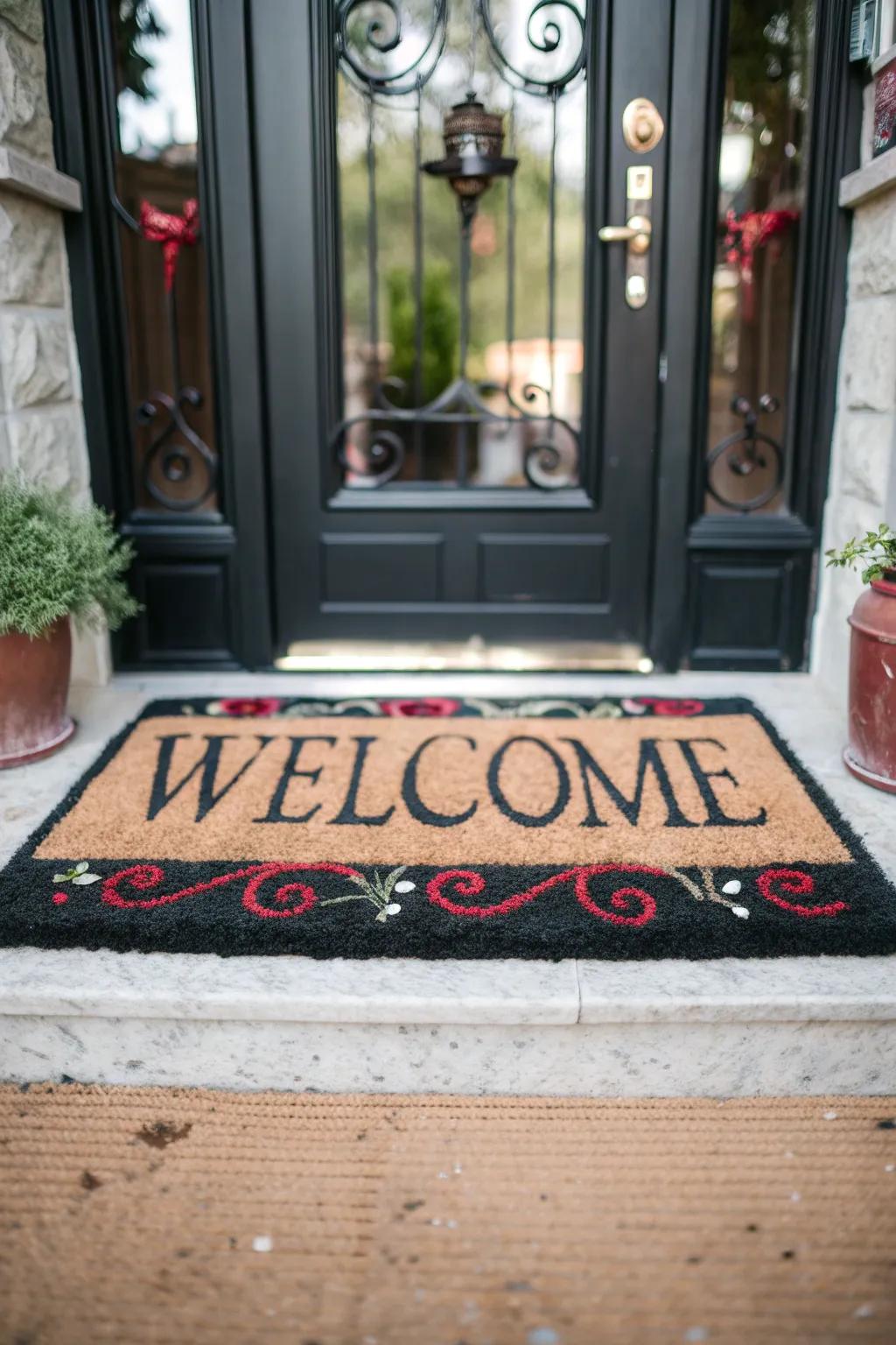 Doormat with a welcoming message at the doorstep.