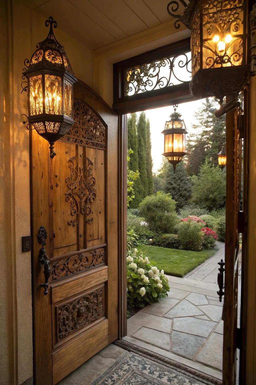 Lanterns casting a cozy glow at the entrance.