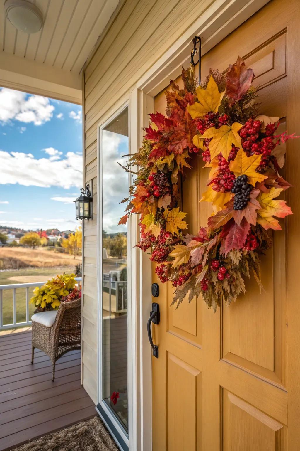 A seasonal wreath with colorful leaves and berries.