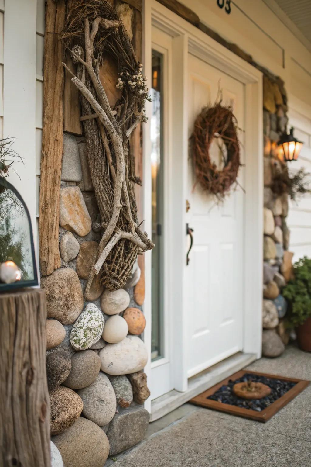 Natural elements like stones and driftwood enhance the doorstep.
