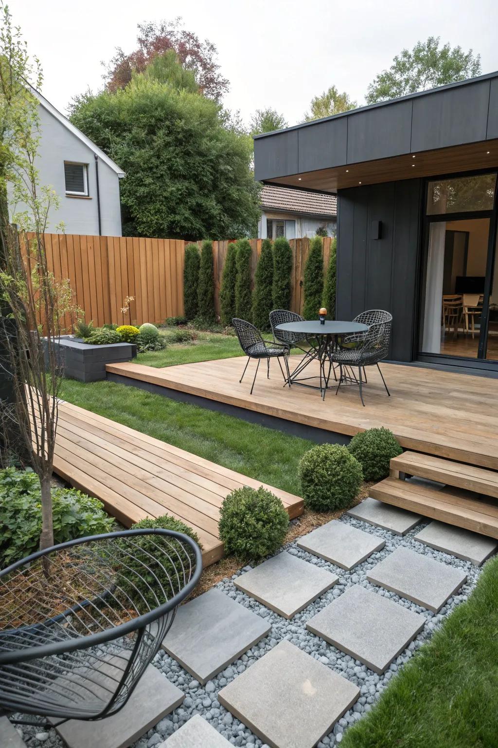 Combine different materials for a layered backyard look.