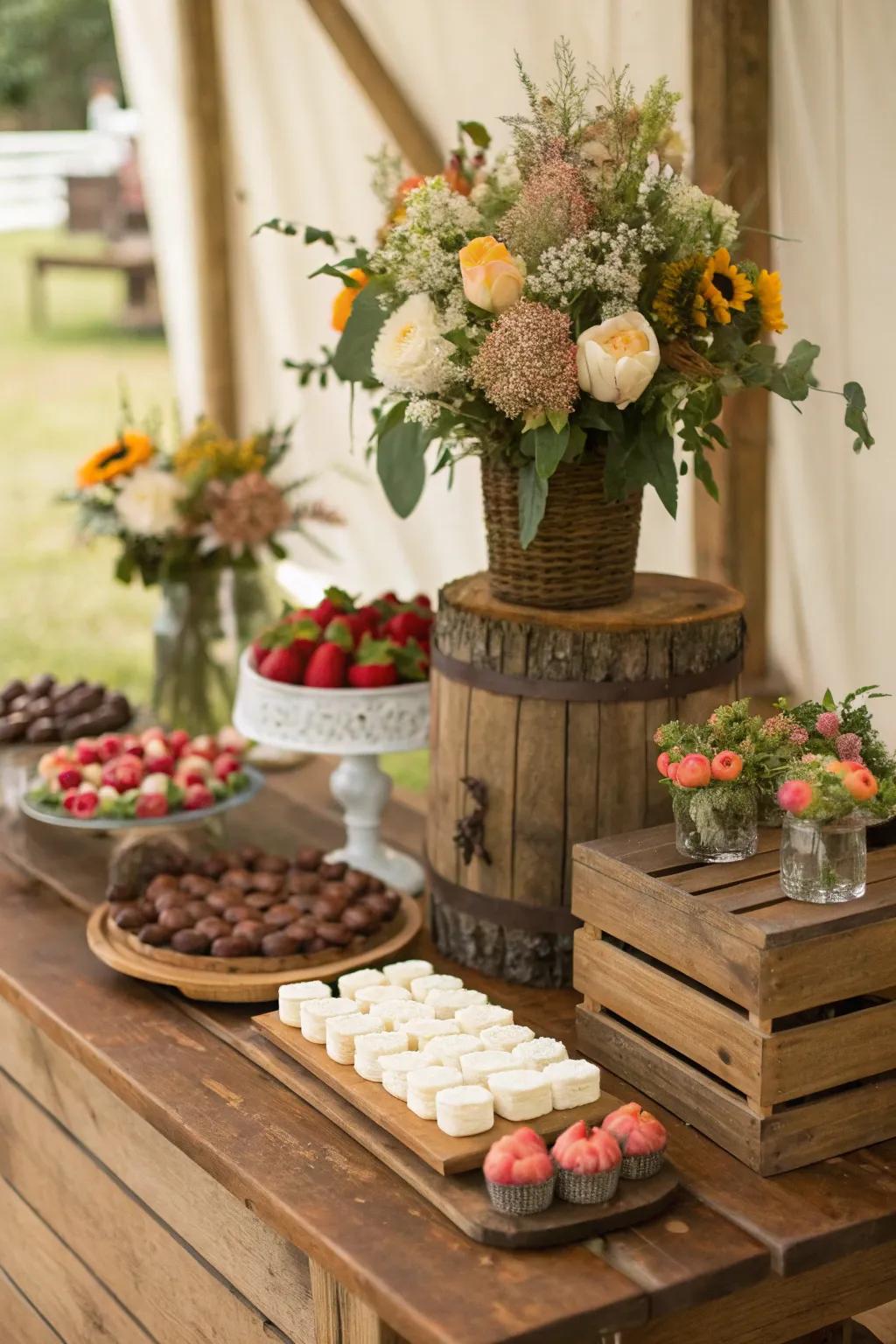 A rustic candy station inspired by farm-fresh and natural elements.